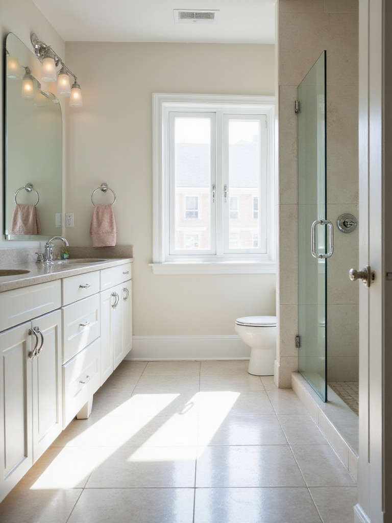 A sparkling clean, newly renovated master bathroom with polished fixtures, clean tile floors, and a pristine glass shower, bathed in natural light.