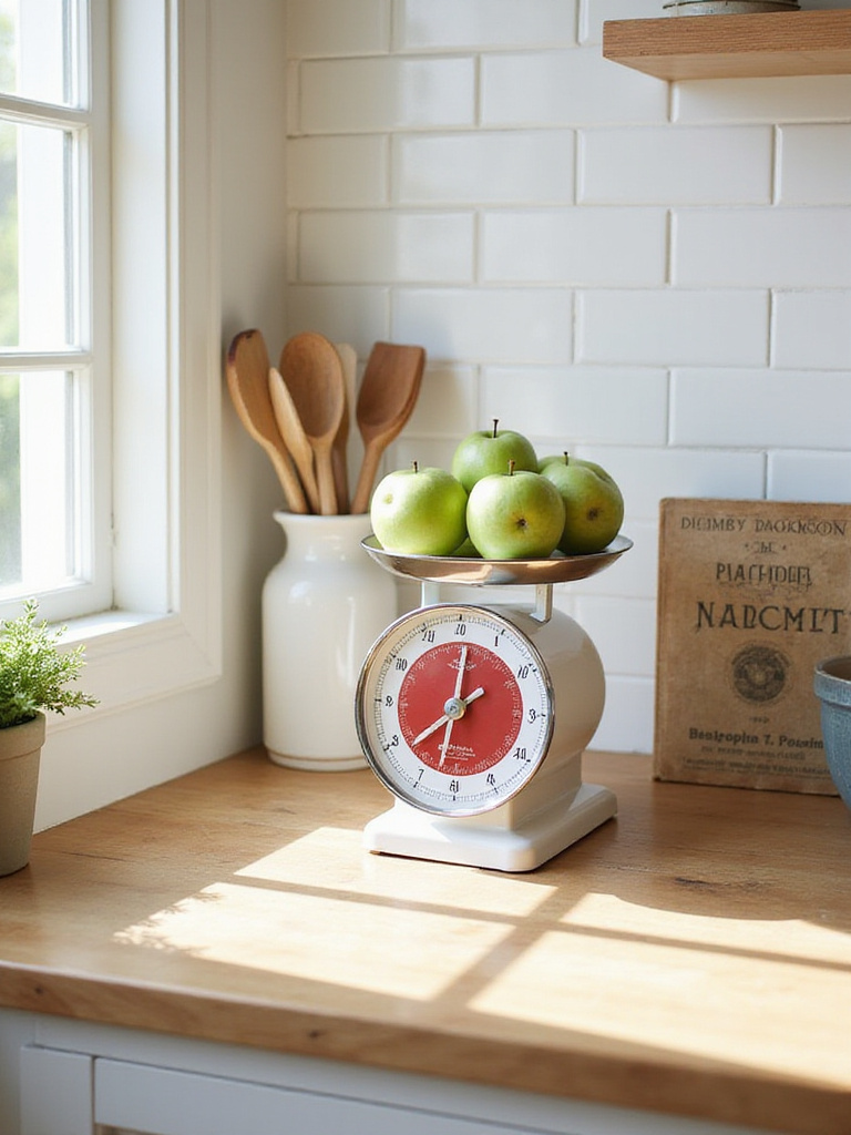 Vintage white kitchen scale with red dial sitting on a wood countertop, styled with green apples, wooden spoons in a crock, and a cookbook, adding charm to the kitchen decor.
