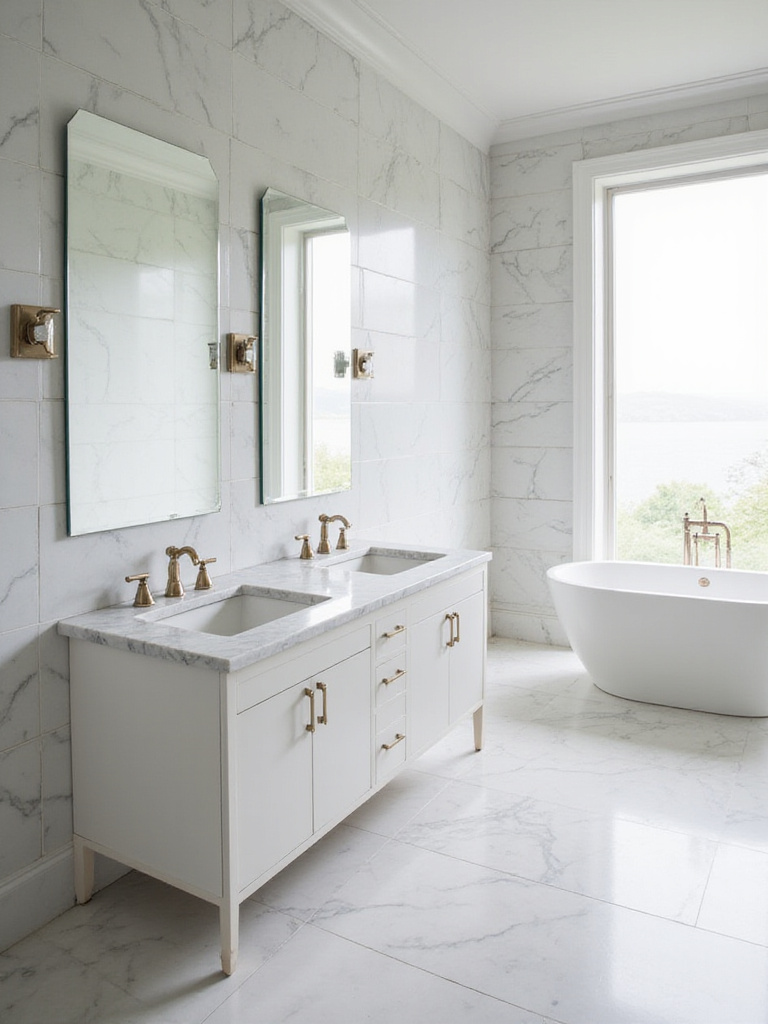 Luxurious bathroom featuring a white marble vanity countertop and marble wall tiles, showcasing a timeless and elegant design.