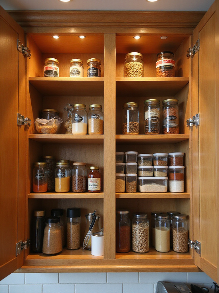Interior view of a well-organized kitchen cabinet displaying neatly arranged spices, containers, and kitchen tools.