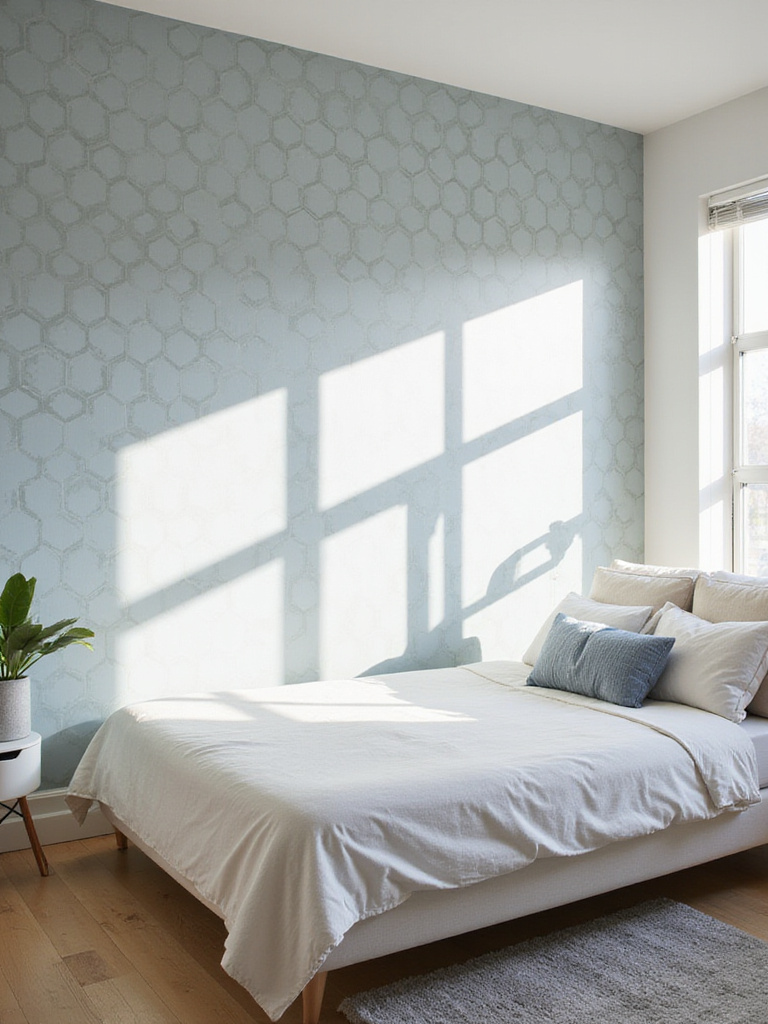 Apartment bedroom with a stylish removable geometric wallpaper accent wall behind the bed.