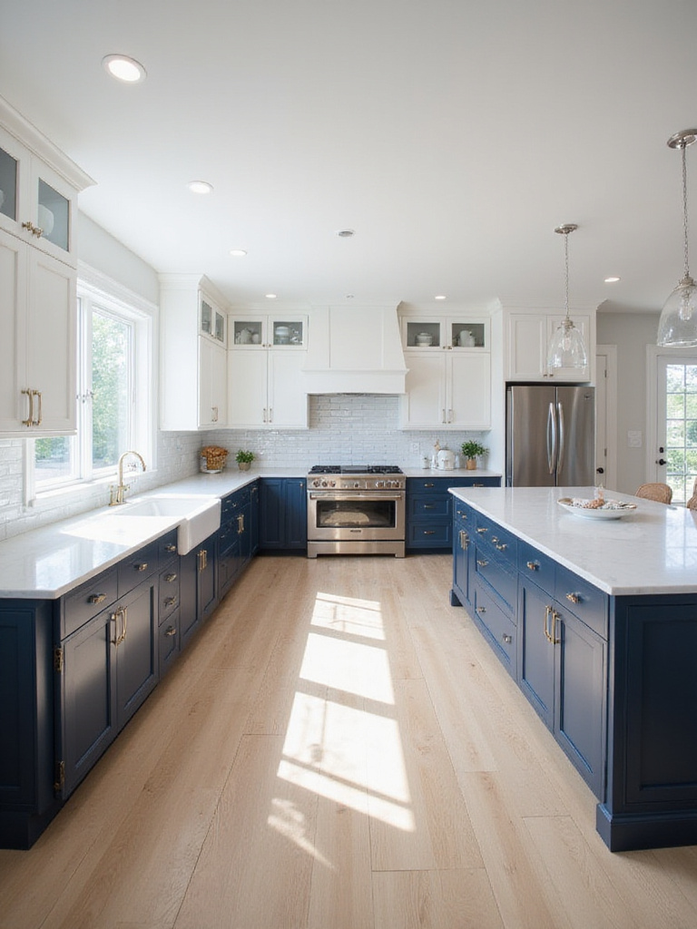 Modern kitchen with two-tone navy blue lower cabinets and island, and white upper cabinets, creating a chic and stylish look.