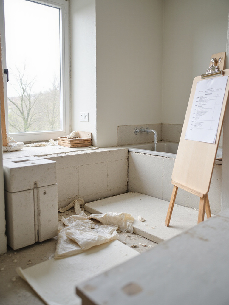 Bathroom under renovation showing exposed plumbing, building materials, and a schedule board, illustrating the stages of a bathtub remodel timeline.