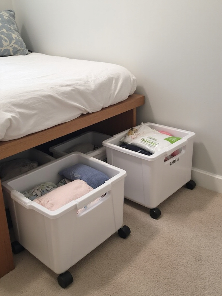 Valuable under-bed storage space in a small bedroom utilized with labeled rolling bins and vacuum-sealed bags for seasonal items.