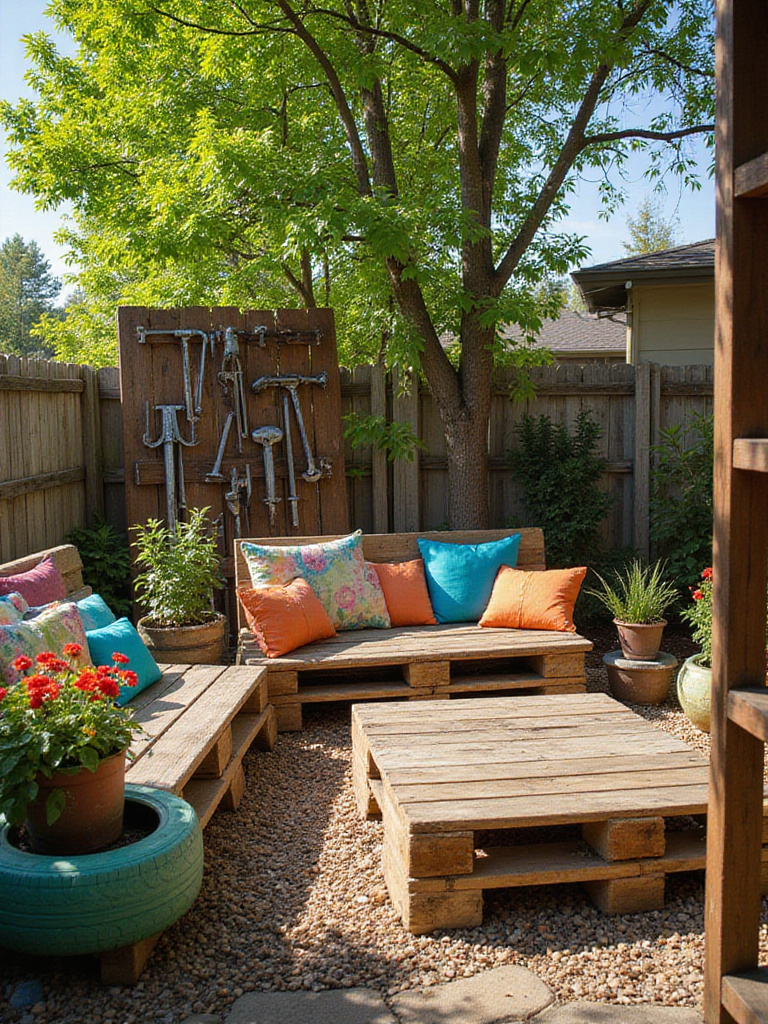 A creative backyard space decorated with upcycled items, featuring a pallet sofa, colorful tire planters, a door trellis, and metal garden art under warm sunlight.