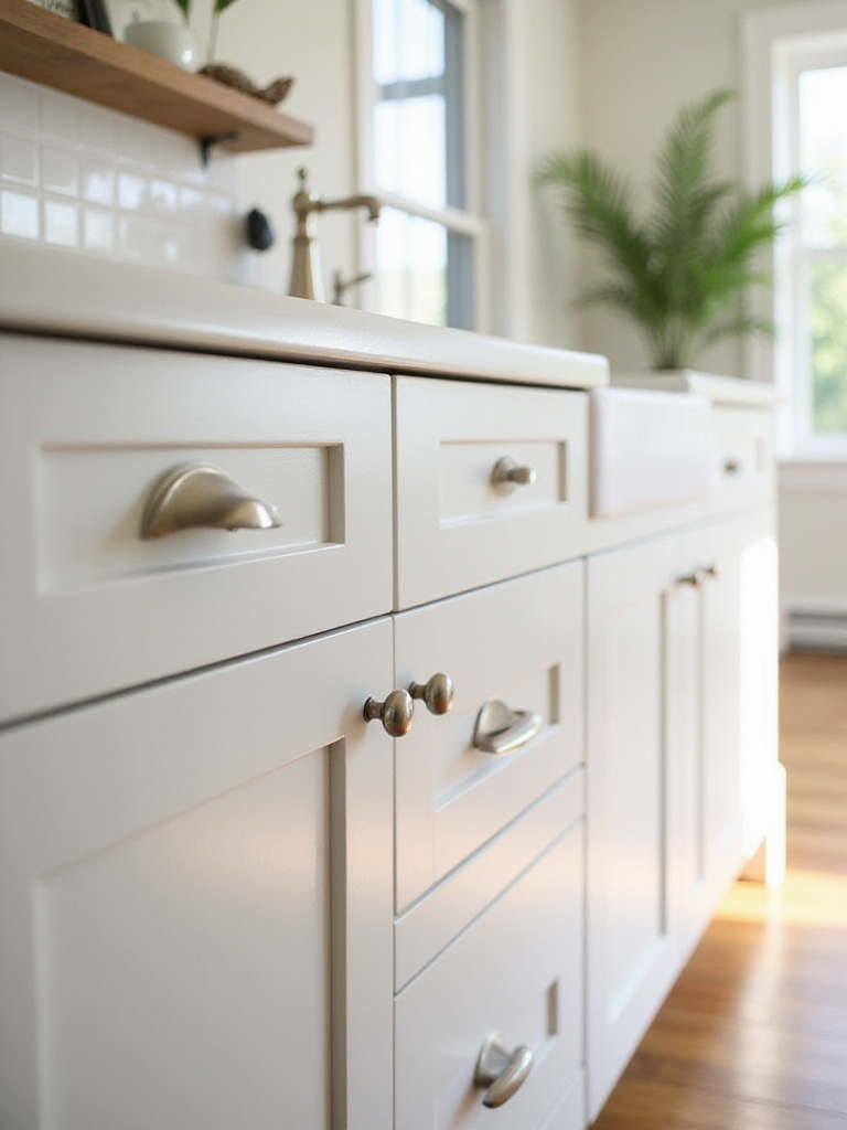 Modern kitchen with updated cabinet hardware in brushed nickel