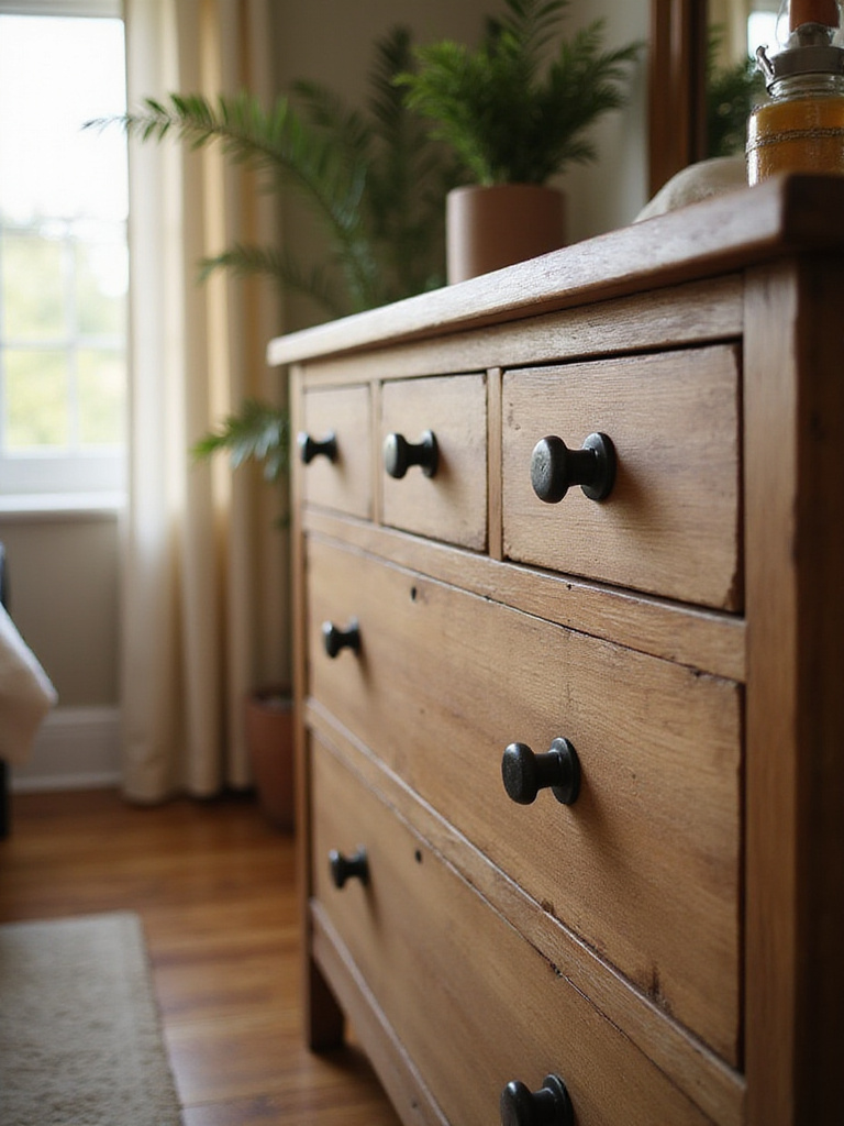 Rustic bedroom with wooden dresser featuring industrial blacksmith pulls