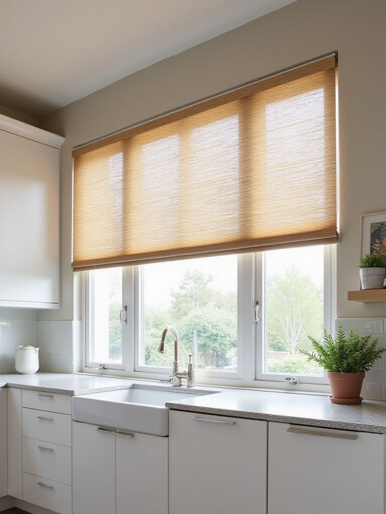 Modern kitchen with stylish faux wood blinds allowing natural light