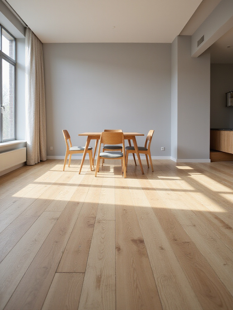 Modern dining room with wide-plank light oak hardwood flooring