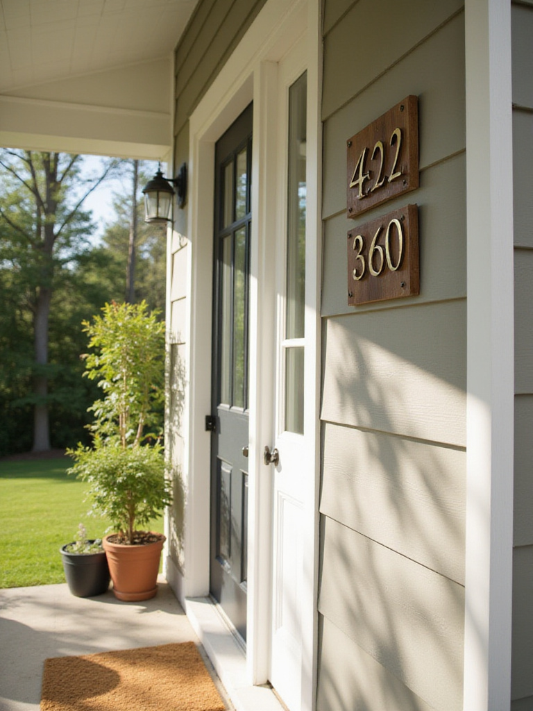 Stylish and clearly visible house numbers mounted on a wall next to a charming front porch with potted plants.