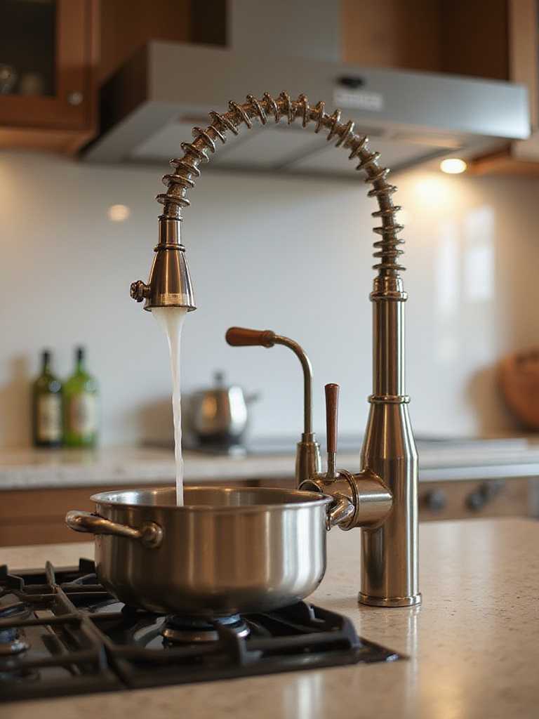 Modern kitchen with pot filler faucet above stovetop