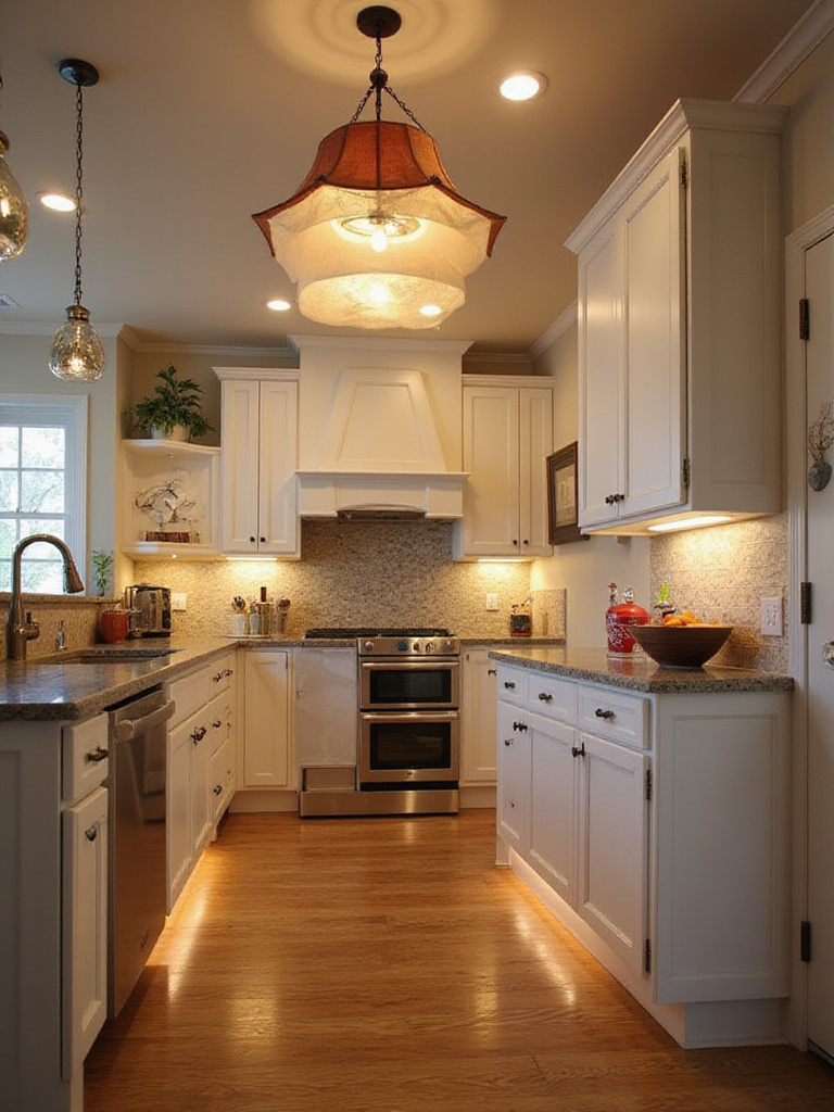 Modern kitchen with upgraded lighting fixtures, showcasing ambient, task, and accent lighting