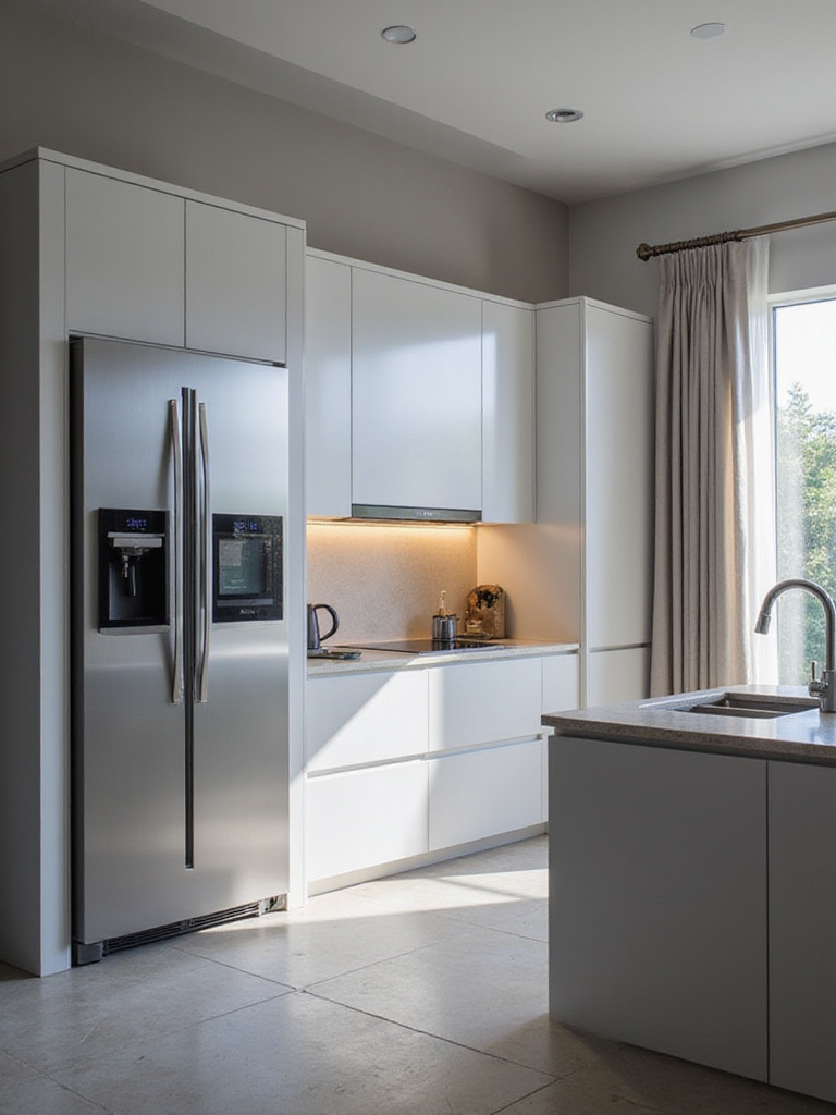 Modern kitchen showcasing integrated smart technology, including a smart refrigerator with screen, built-in smart oven, touchless faucet, and smart display on the counter with soft under-cabinet lighting.