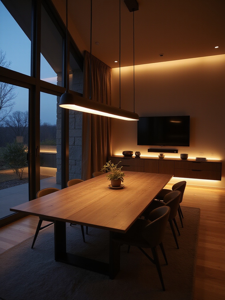 Modern dining room with smart lighting providing adjustable ambiance.