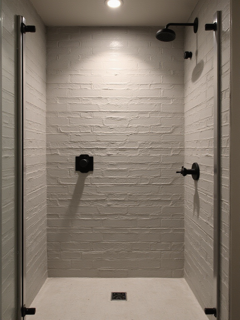 Modern bathroom shower with light grey brick-look tile accent wall.