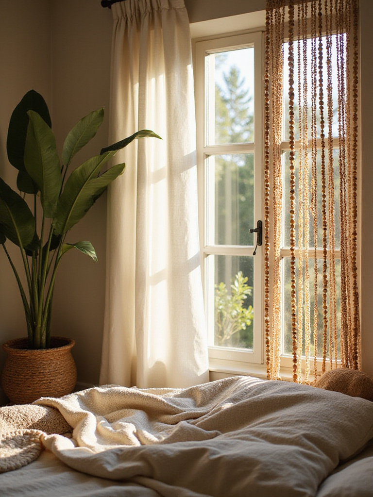 Boho bedroom with beaded curtain made of wood and glass beads hanging in a window.