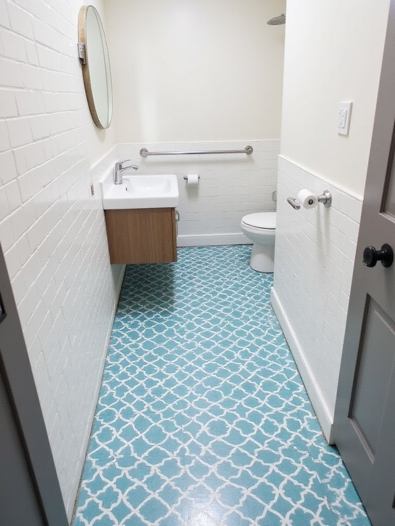 Small modern bathroom with a bold blue and white geometric patterned tile floor, white subway tile walls, and a simple white vanity.