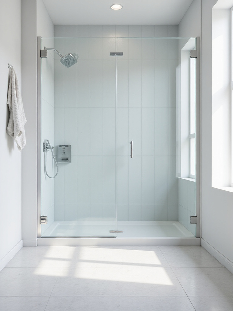 Modern small bathroom featuring a walk-in shower with a clear, frameless glass enclosure, making the space feel larger and brighter.