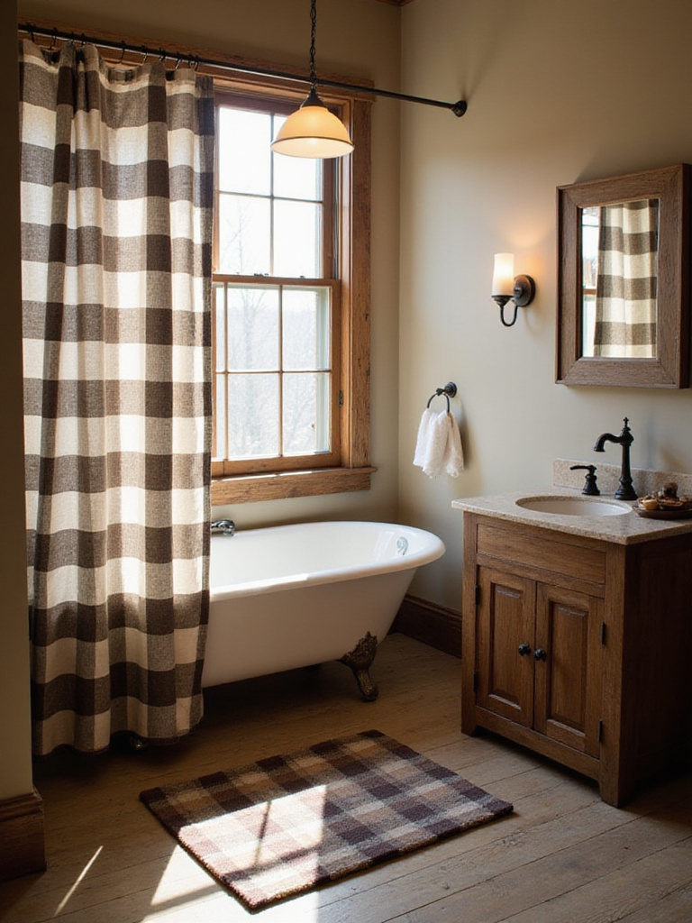 Rustic bathroom featuring a Buffalo Check shower curtain and a plaid bath mat. The room includes a wooden vanity and neutral walls, creating a cozy, patterned space.