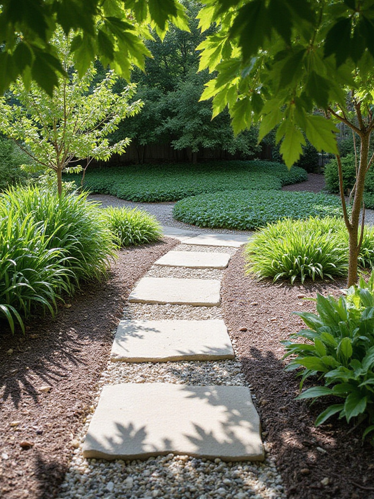 Garden beds showcasing varied textures with dark shredded mulch, smooth river stones, and dense green ground cover alongside a flagstone path.