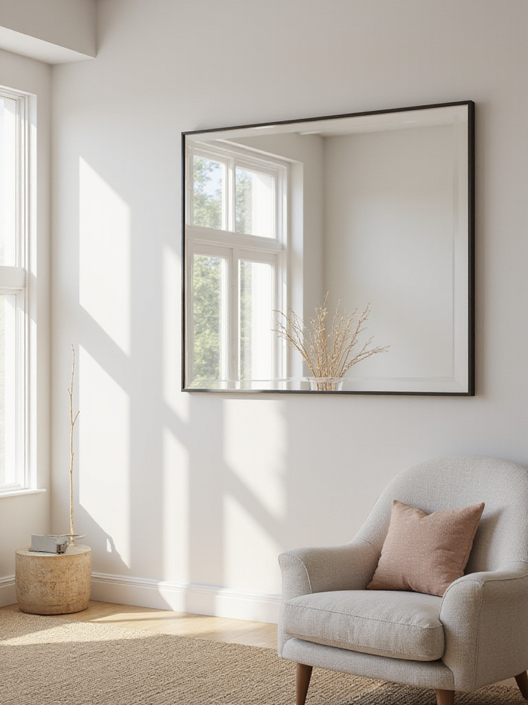 Large mirror reflecting window light in a living room, enhancing brightness and making the space feel larger.