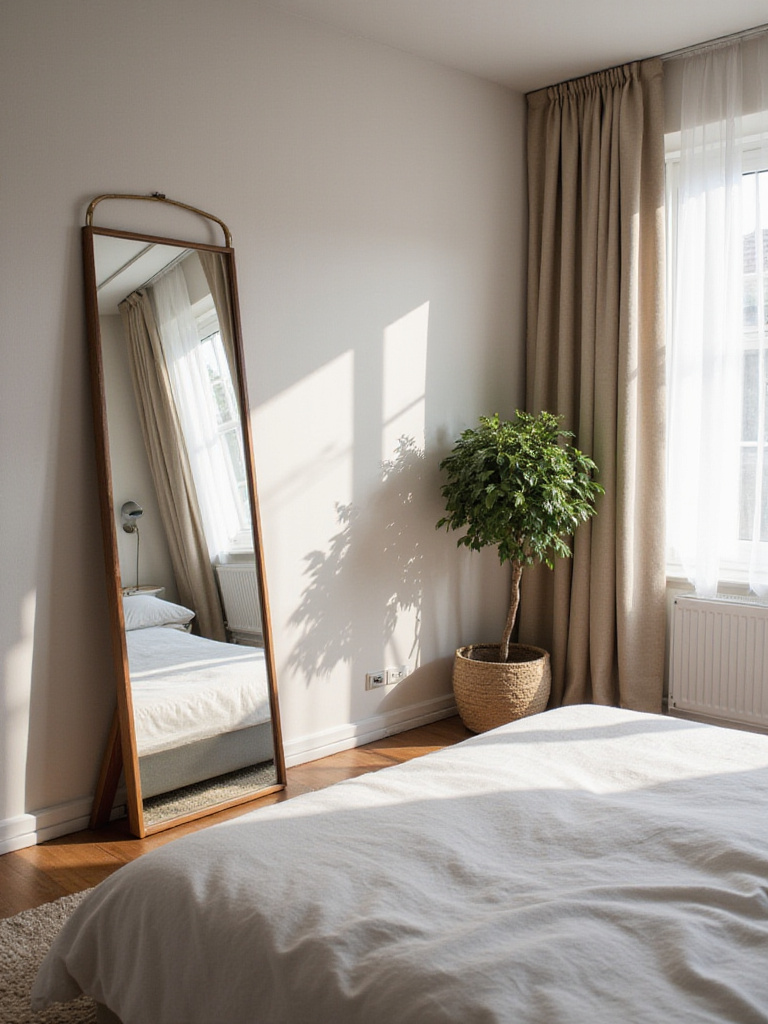 A small apartment bedroom appears larger due to a large mirror reflecting a window and natural light.