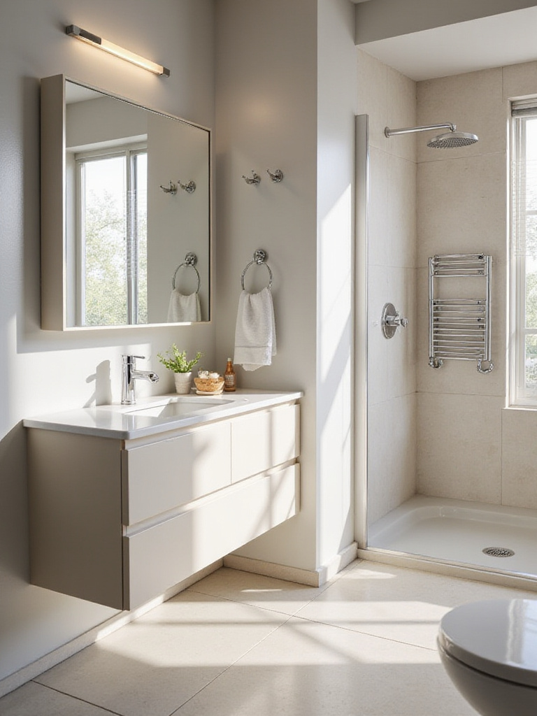 A modern small bathroom featuring space-saving multi-functional fixtures like a vanity with integrated storage and a mirrored medicine cabinet.