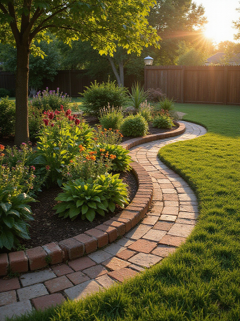 Rustic garden bed edged with salvaged red bricks in various patterns under warm evening light.
