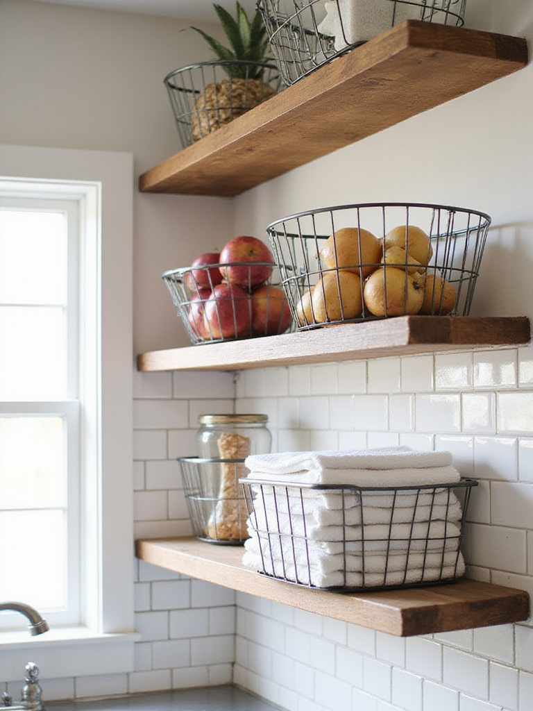Farmhouse kitchen shelving with wire storage baskets filled with fruits, vegetables, and dish towels.