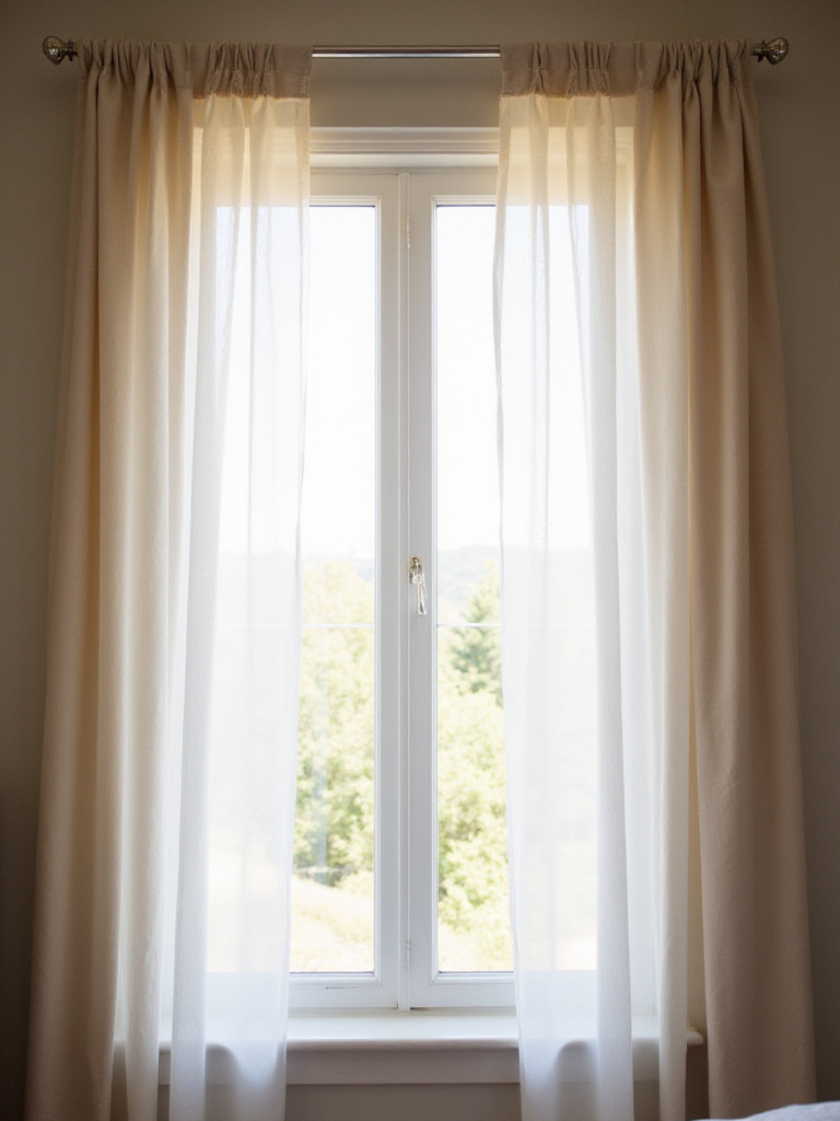 Sheer curtains on a small bedroom window maximizing natural light flow, making the room feel brighter and more expansive.