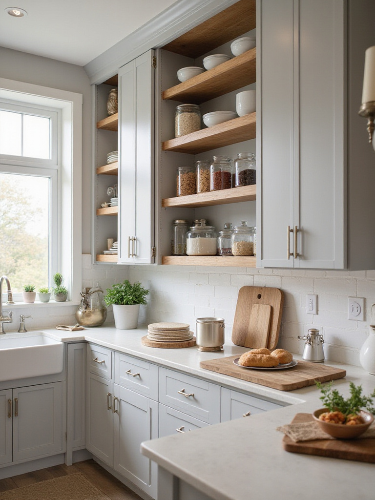 Organized kitchen cabinets showcasing distinct zones for cooking, baking, and storage.