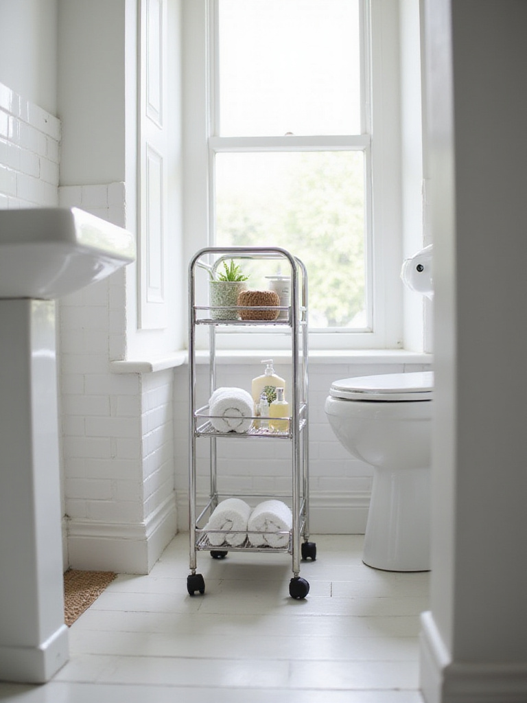A slim rolling cart holding towels and toiletries tucked into a narrow space in a small, bright bathroom.