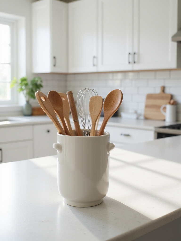 A stylish ceramic utensil holder filled with wooden kitchen tools displayed on a light-colored quartz countertop in a modern kitchen.