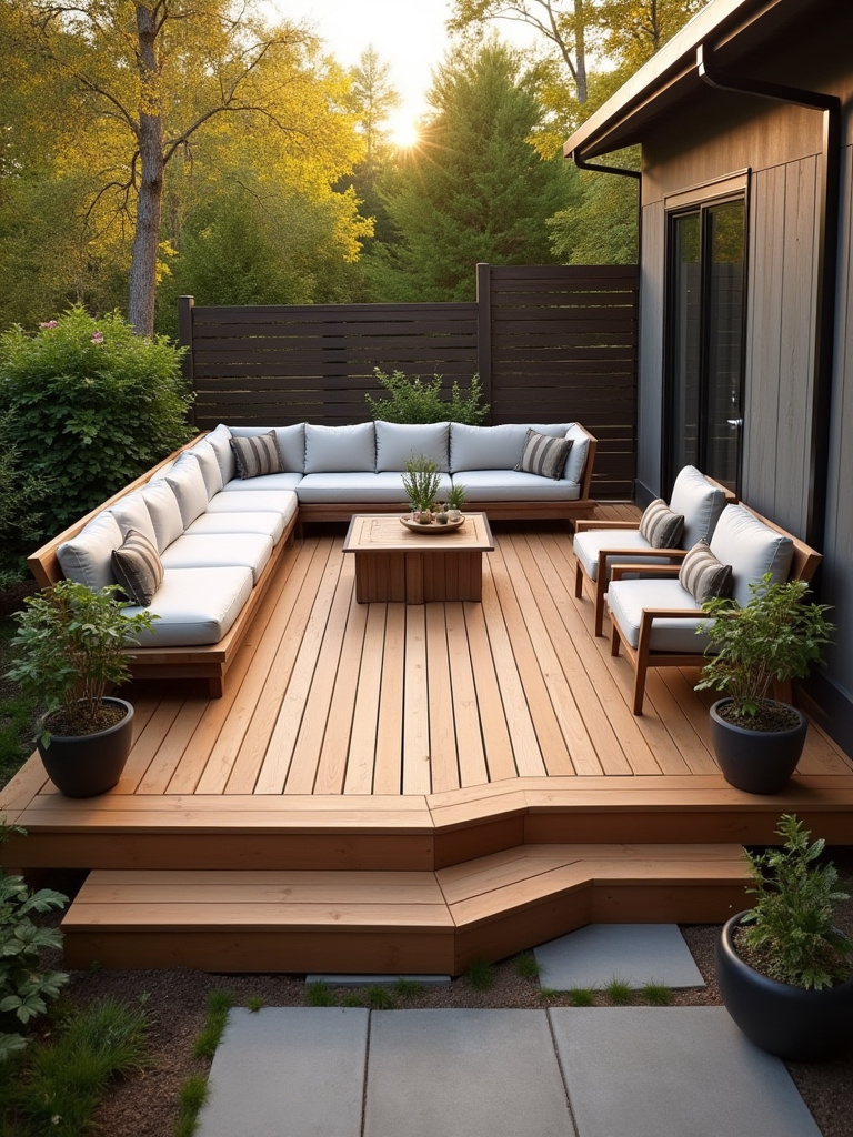 Modern deck featuring integrated built-in seating with cushions, surrounded by potted plants during golden hour.