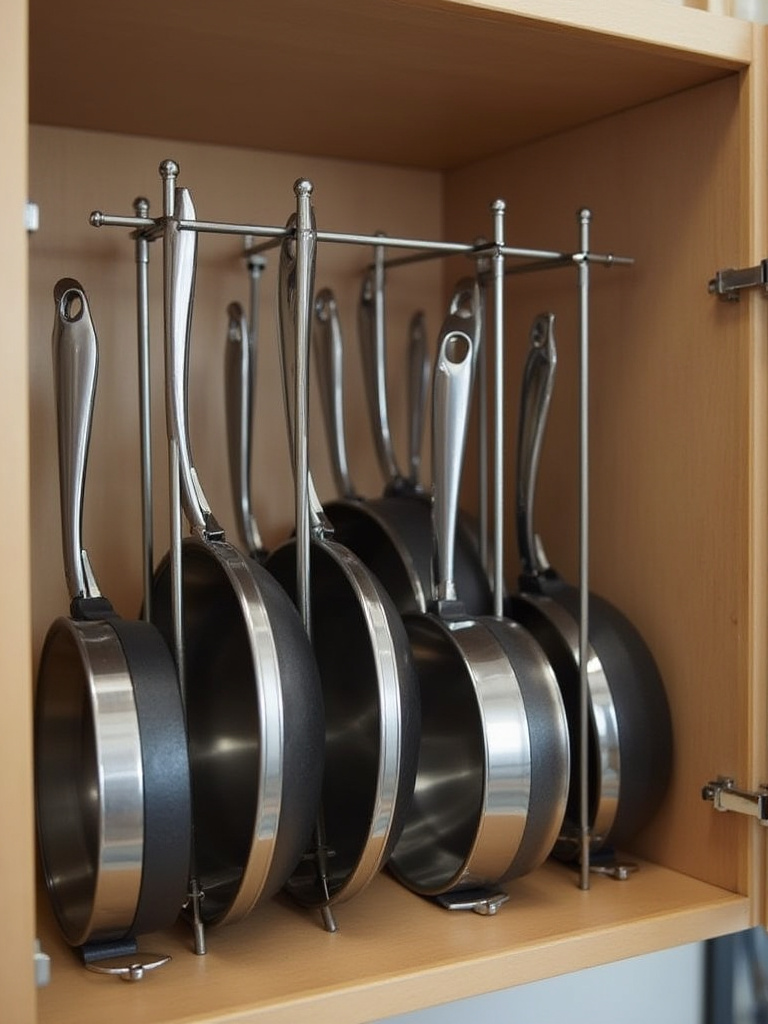 Organized kitchen cabinet with vertical dividers holding pots and pans