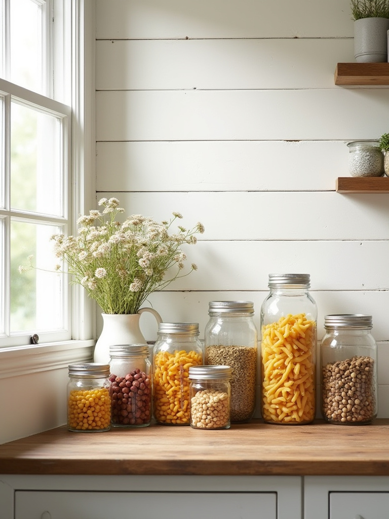 Mason jars used for storage and decoration in a farmhouse kitchen.