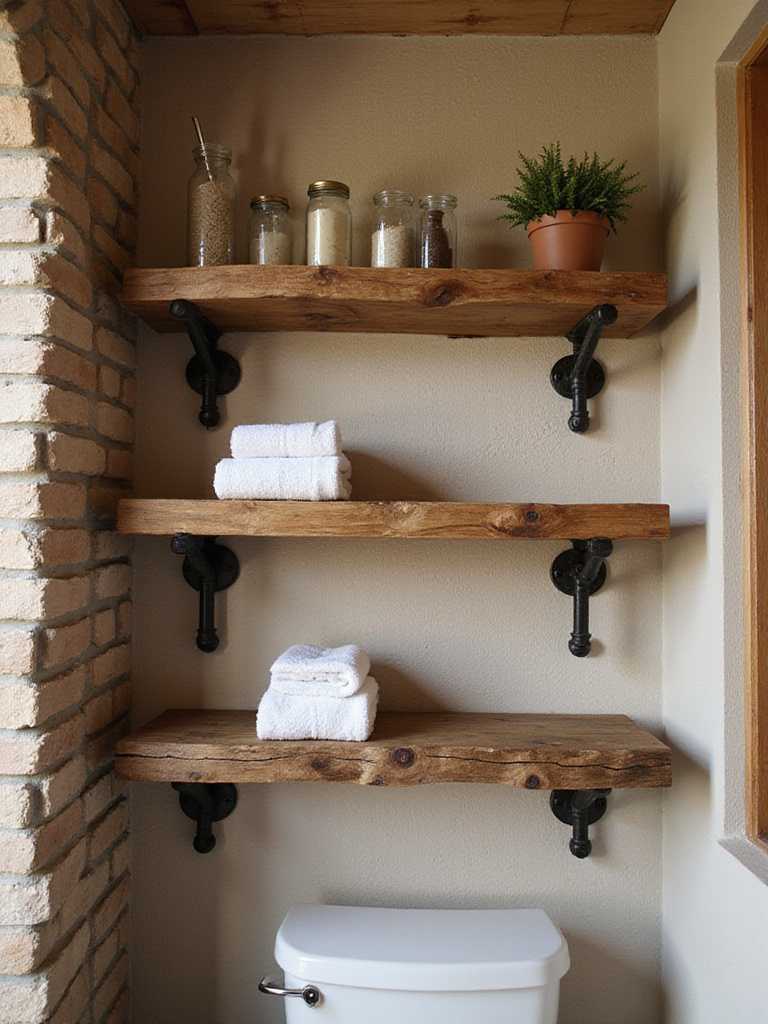 Open wooden shelves with pipe or wood brackets mounted on a wall in a rustic bathroom, holding towels, jars, and plants.