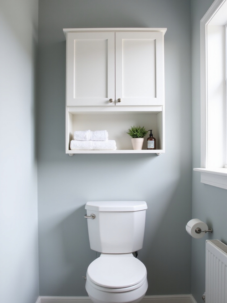 A white over-the-toilet storage unit with cabinet and shelves mounted above a toilet in a small, modern bathroom. The shelves hold towels, a plant, and toiletries.