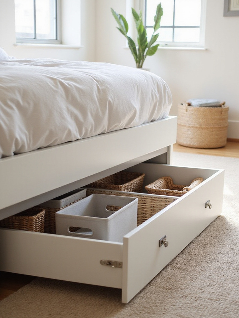 Neatly organized under-bed storage containers visible beneath a modern bed frame in a bright apartment bedroom.