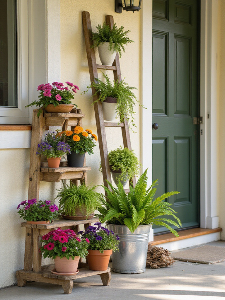 Front porch with multi-tiered plant stands and ladder shelf displaying various potted plants, utilizing vertical space for curb appeal.