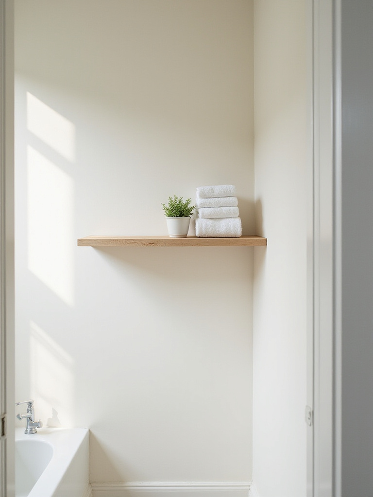 Small bathroom featuring a floating shelf mounted above the door frame, used for storing folded towels and a small plant.