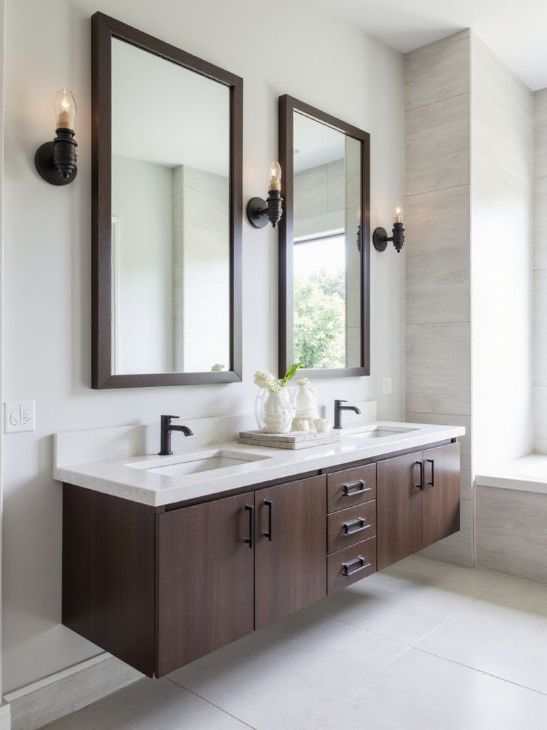 Stylish floating double vanity with dark wood cabinets and white quartz countertop in a modern master bathroom.