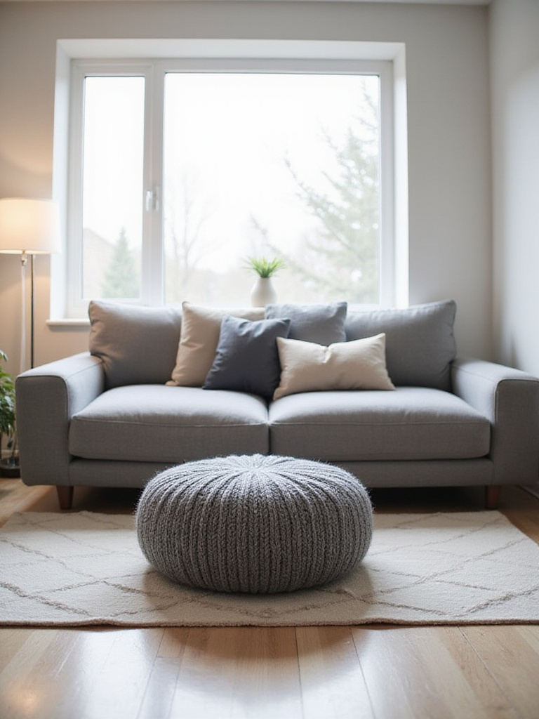 Modern living room featuring a grey sectional sofa and a round, knitted wool pouf serving as a versatile seating and footrest option.