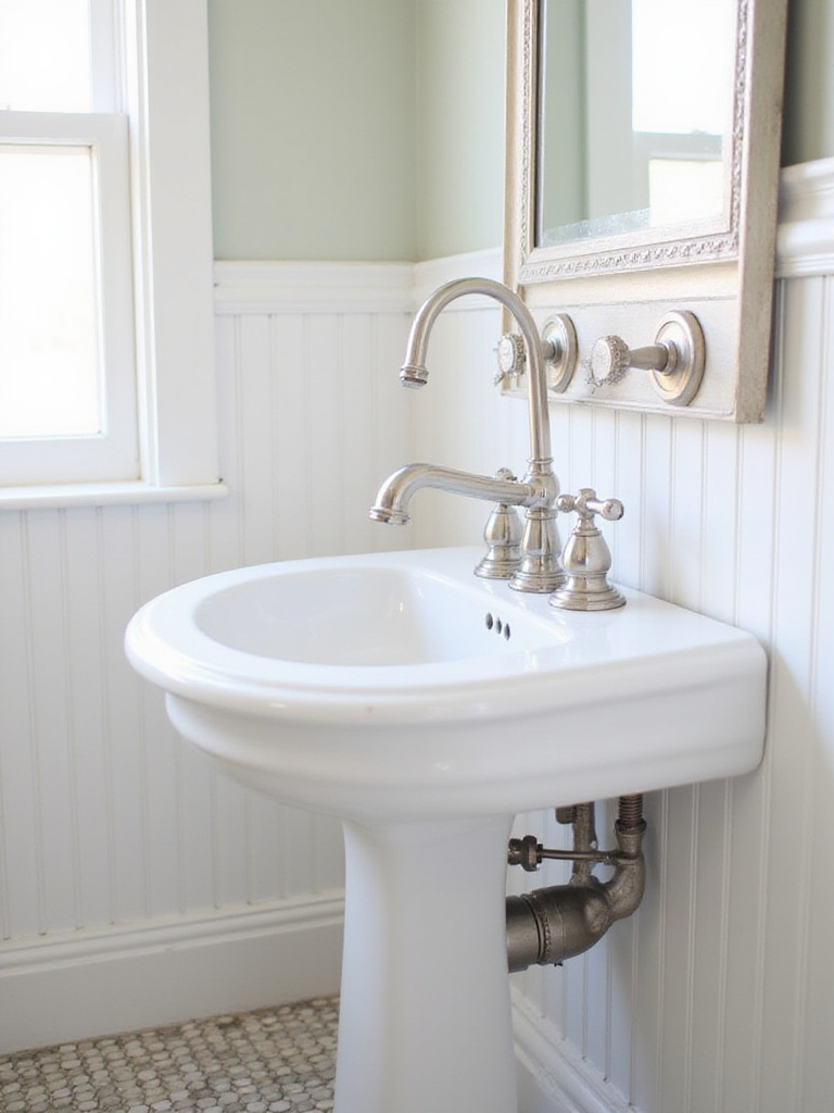 Vintage-inspired cross-handle faucet on a classic white pedestal sink in a traditional bathroom with subway tile.