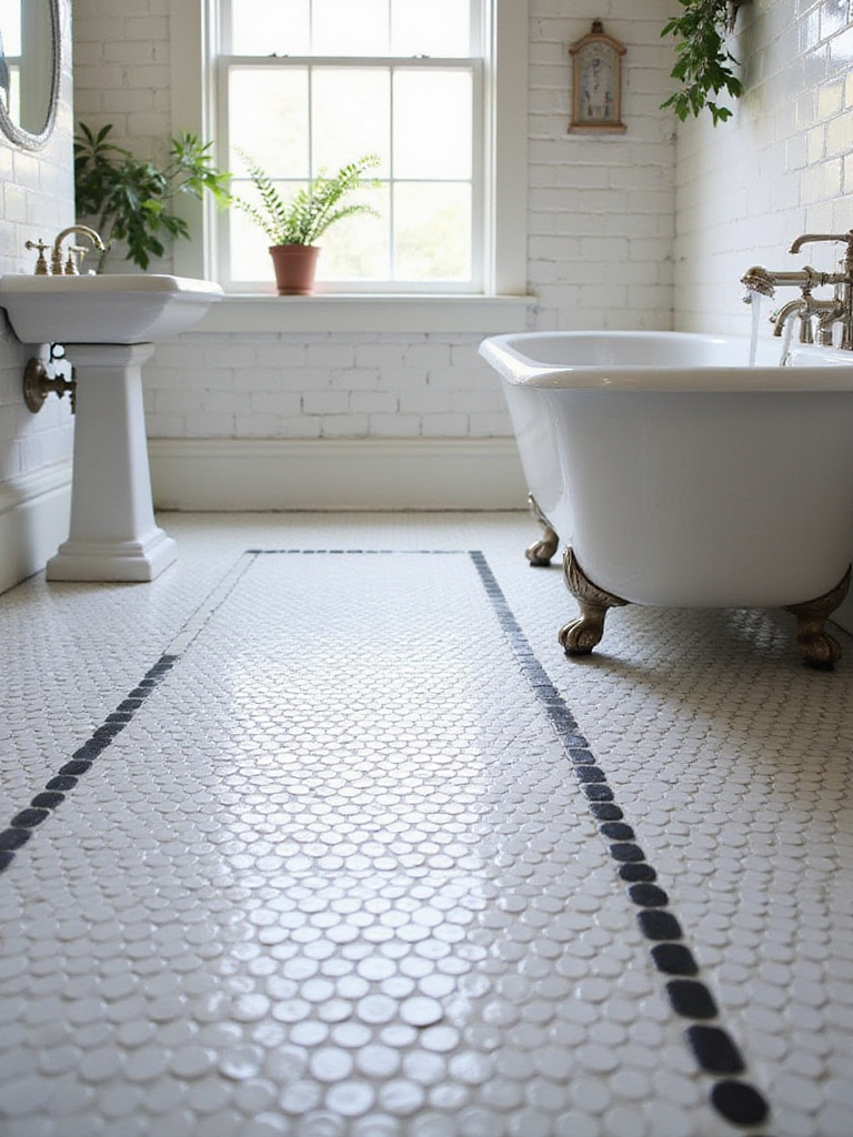 Bathroom floor featuring classic white penny tiles with a black border