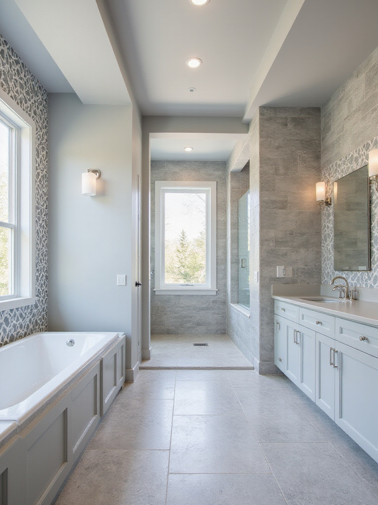 Master bathroom walls featuring a geometric tile accent wall, large format shower tiles, and moisture-resistant painted walls in a light grey color.