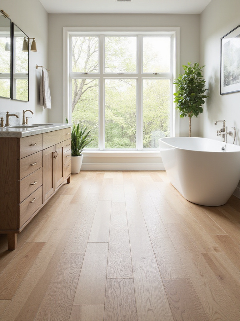 Bathroom featuring light oak wood-look porcelain tile flooring, creating a warm and inviting space.