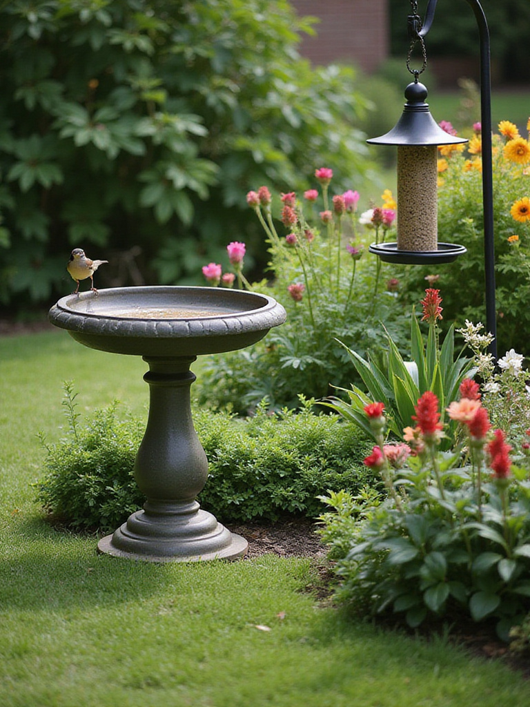 A peaceful garden scene featuring a decorative bird bath and hanging bird feeder among lush plants, attracting small birds.