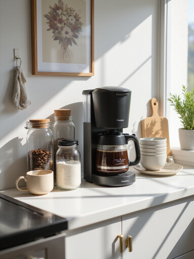 Stylish coffee station setup on a kitchen countertop with a coffee machine, jars, mugs, and decor under natural light.