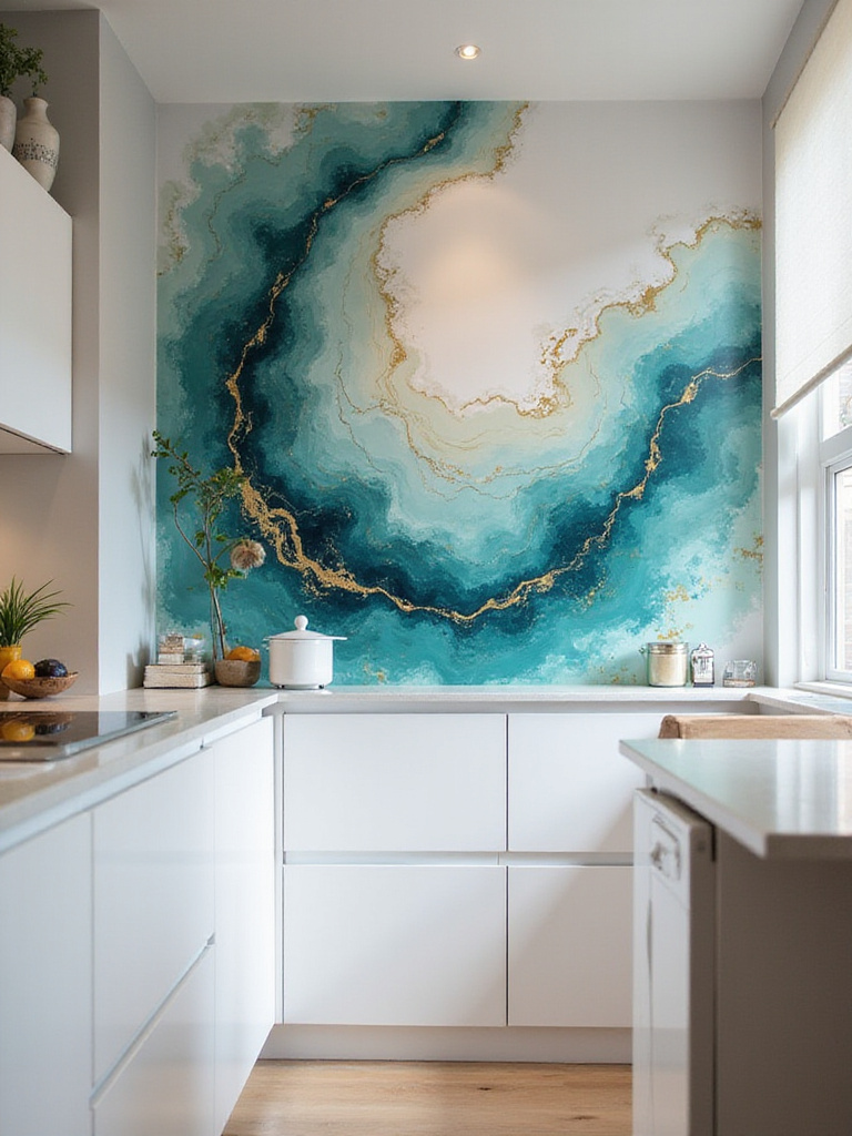 Modern kitchen with abstract art wallpaper design featuring vibrant colors.
